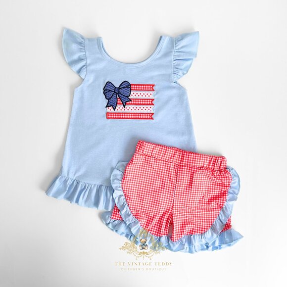 NWT Pretty Girls Top & Shorts Matching Set EmbroideredPatchwork 4th of July 5-6Y - Picture 1 of 3